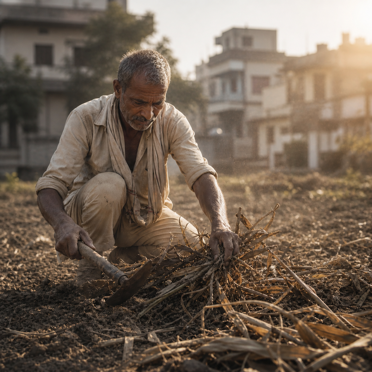 A farmer clearing the field before planting