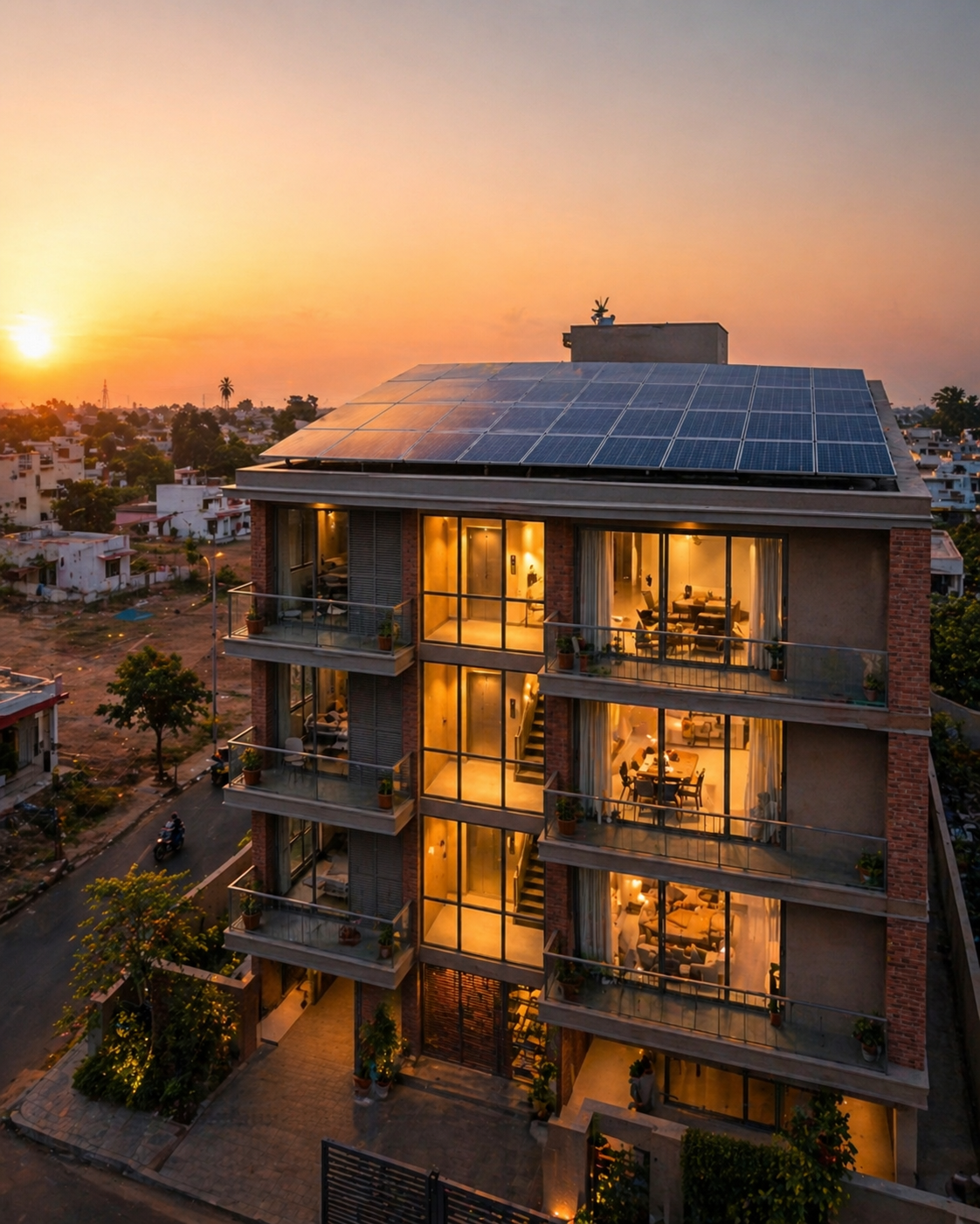 Rooftop solar panels powering all six homes